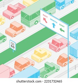 Traffic jam vector illustration in an isometric style with cars and trucks