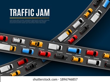 Traffic jam vector poster with cars driving on road top view. Rush hour in city, vehicles on two lane highway. Automobiles stand in rows, traffic jam problem of megalopolis, transport congestion