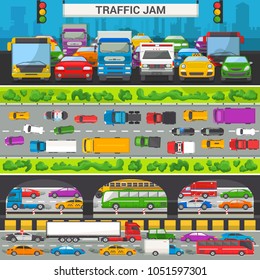 Traffic jam vector transport car vehicle and bus in the rush hour on highway road vector illustration set of transportation congestion of automobiles and minivans in jammed line