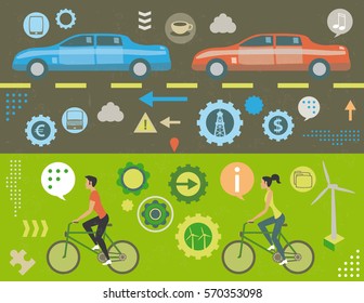 Traffic jam versus renewable electric energy concept with social media icons, infographics elements and grunge texture.