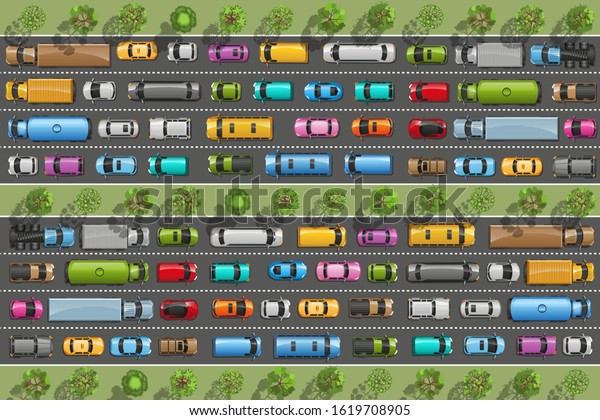 Traffic jam. View from above. Road\
truck on speedway and traffic. Top view. Road with highways many\
different vehicles. Map of cars traffic jam and urban transport.\
