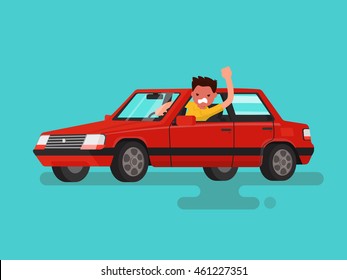 Traffic jams. Angry man swears in the car. Vector illustration of a flat design