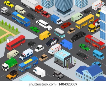 Traffic Jams on a City Landscape Background Scene Concept with Car, Bus and Truck 3d Isometric View. Vector illustration