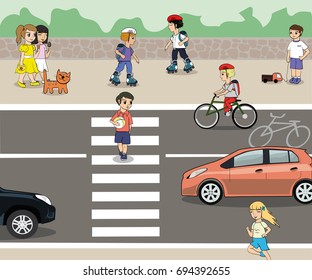 Traffic Laws. Children walk the streets and observe the rules of the road. Vector.