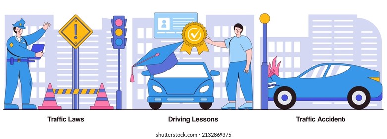 Traffic laws, driving lessons, and traffic accident concepts with people characters. Driving license illustration pack. Road safety, violation fine, certified instructor, car crash investigation.