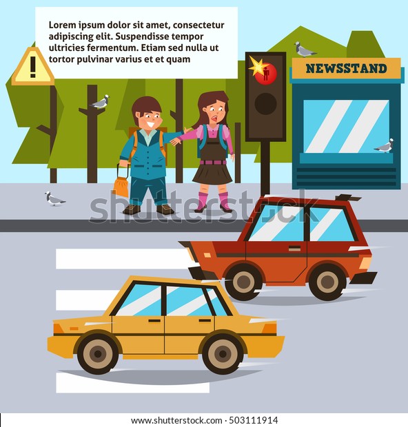 Traffic Laws. Girl and boy go home after\
school. We stopped at a traffic light in the expectation of the\
enable signal. The road and the traveling vehicles. Child safety.\
Vector illustration