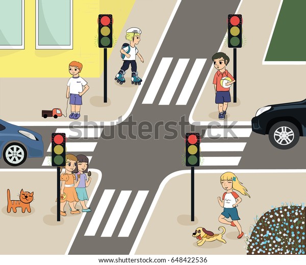 Traffic Laws. Rules of\
the road for children. Crossroads with traffic lights and\
pedestrian crossings. Children walk the streets and observe the\
rules of the road 2