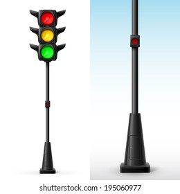Traffic light with all colors on with button for pedestrians