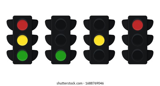 Traffic light with all three colors on. Vector illustration isolated on white background.