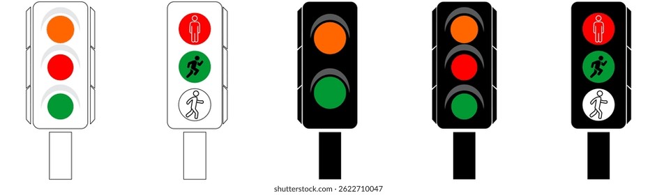 traffic light, angled slightly showcases all three lights red yellow and green encased in a dark housing symbolizing regulated movement isolated on a transparent background vector.
