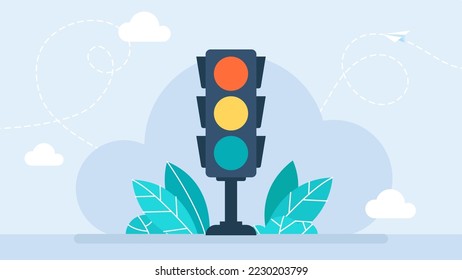 Traffic light. Black traffic lights with all three colors on. Red, orange (yellow) and green  (yes, no and wait). Concept of rule, permission, prohibition, restriction. Flat vector illustration