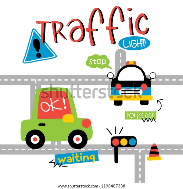 traffic
light and cars funny cartoon,vector
illustration
