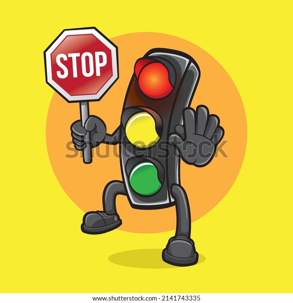 Traffic\
Light Cartoon Mascot Vector Holding Stop\
Sign