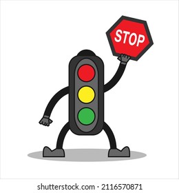 Traffic Light cartoon with stop traffic sign. Vector illustration