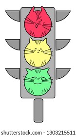 Traffic light with a cat. Red is an evil animal. Yellow - calm pet. Green - a joyful cat. Symbolic allegory. Vector illustration.