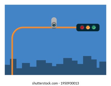 Luz de tráfico con CCTV instalado. Ilustración plana simple