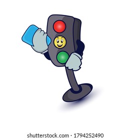 Traffic light character cartoon illustration with phone. Design template vector