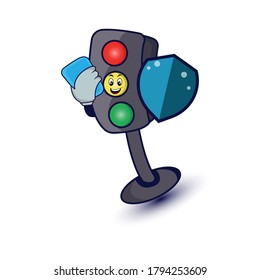 Traffic light character cartoon illustration with phone and security. Design template vector