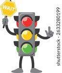 Traffic light character cartoon with yellow light with sign to slow down