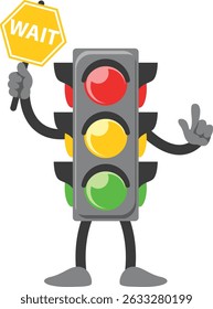 Traffic light character cartoon with yellow light with sign to slow down
