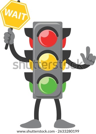 Traffic light character cartoon with yellow light with sign to slow down