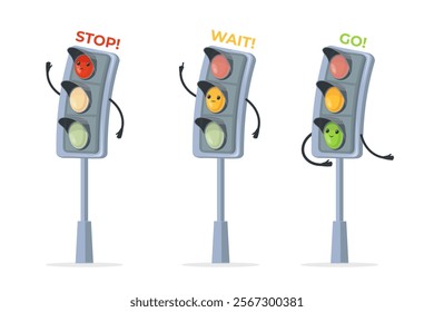 Traffic light character. Semaphores cartoon mascots, trafficlight characters green yellow red signal stop wait go command for school children road control rules vector illustration original artwork