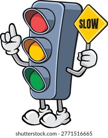 Traffic light character with SLOW Sign Vector - Cartoon Road Safety Mascot