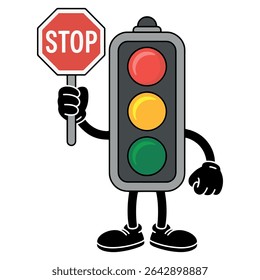 Traffic Light Character with STOP Sign Vector – Cartoon Road Safety Mascot