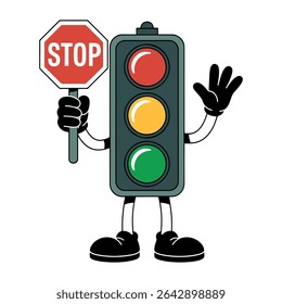 Traffic Light Character with STOP Sign Vector – Cartoon Road Safety Mascot