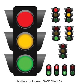 Traffic light collection for vehicles and pedestrians, isolated on white background. Eps file available.