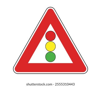 Traffic Light Controlled Intersection, Pedestrian Crossing or Road Section Warning Sign Featuring Red Triangle and Traffic Light Icon, Indicating Traffic Regulation by Traffic Lights, Vector File