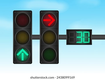 Traffic light with Countdown Timer against Blue Sky. Vector Illustration. 