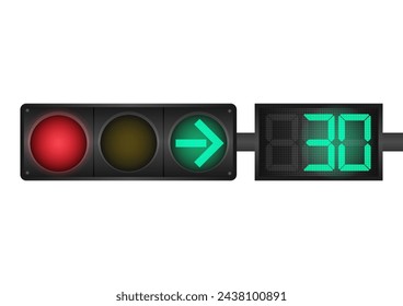 Traffic light with Countdown Timer. Vector Illustration Isolated on White Background. 