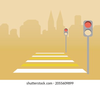 Luz de tráfico en el cruce, plantilla de espacio de copia. Ilustración de material vectorial plano. Cruce peatonal hacia la ciudad. No hay peatones ni gente. Señal prohibitiva. Ilustración con lugar para texto