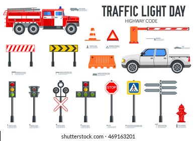 Traffic light day and highway code icons set. Vector Urban sign road transportation illustration equipment.