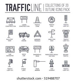 Traffic Light Day And Highway Code Outline Icons Set. Vector Thin Line Urban Sign Road Transportation Illustration Equipment 