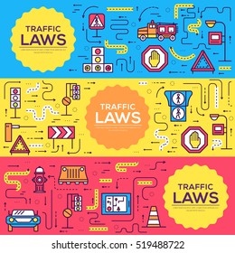 Traffic light day and highway code outline icons set. Vector thin line Urban sign road transportation illustration equipment banners