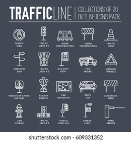 Traffic light day and highway code outline icons set. Vector thin line Urban sign road transportation illustration equipment