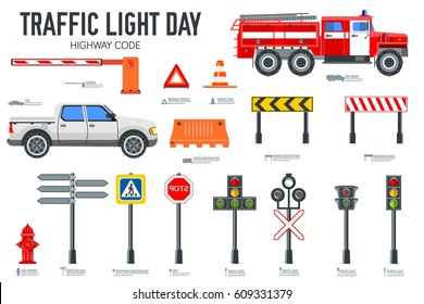 Traffic light day and highway code icons set. Vector Urban sign road transportation illustration equipment.