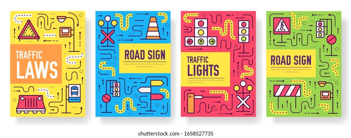 Traffic light day vector brochure cards thin line set. Urban template of flyear, magazines, posters, book cover, banners. Layout road transportation outline illustrations modern pages