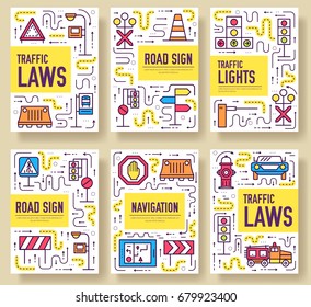 Traffic light day vector brochure cards thin line set. Urban template of flyear, magazines, posters, book cover, banners. Layout road transportation outline illustrations modern pages