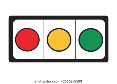 Un semáforo se muestra con luces rojas, amarillas y verdes dentro de un marco rectangular negro, establecido sobre un fondo blanco, lo que indica seguridad y control.