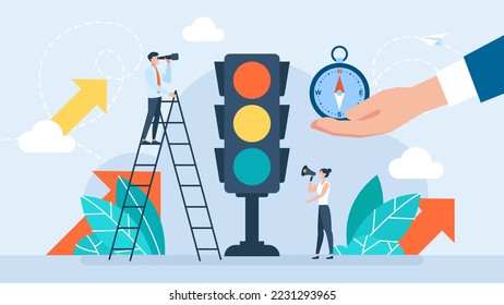 Traffic light. Finding a way, solving  problem. Hand with compass. Tiny people are governed by the rules of business. Concept of rule, permission, prohibition, restriction, choice. Vector illustration