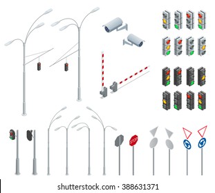 Traffic light. Flat 3d isometric city street urban objects icon set. Red, yellow, green lights - Go, wait, stop. Road design elements for urban roads