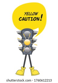 Traffic light. Follow the rules of the road. Yellow means caution. Vector illustration. Isolated on white background