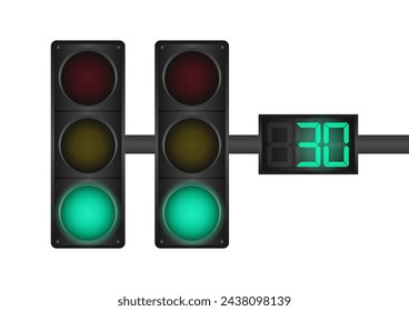 Traffic light with Green Light and Countdown Timer. Vector Illustration Isolated on White Background. 