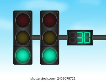 Traffic light with Green Light and Countdown Timer against Blue Sky. Vector Illustration. 