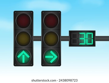 Traffic light with Green Light and Countdown Timer against Blue Sky. Vector Illustration. 