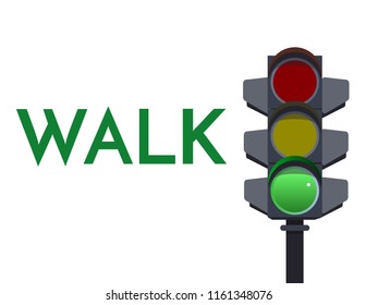 Traffic light green signals. Walk Go Flat illustration. Safety infographic. Vector image of semaphore with text on white background.