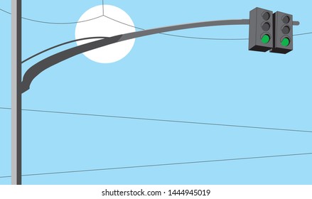 traffic light green, vector illustration, sunny day, blue sky, city wires, sun